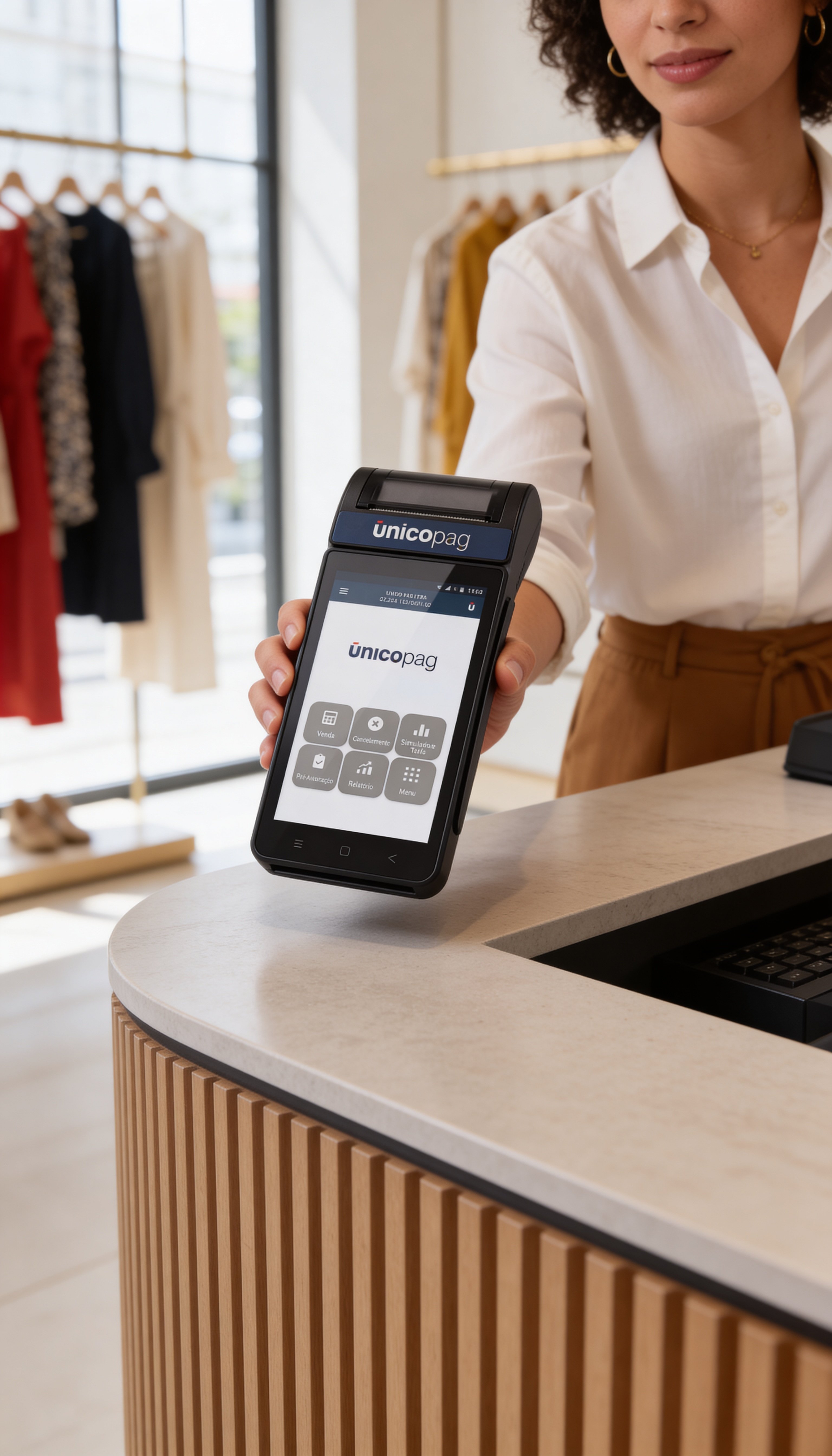 Empreendedora usando maquininha ÚnicoPag em sua boutique, em Nova Friburgo