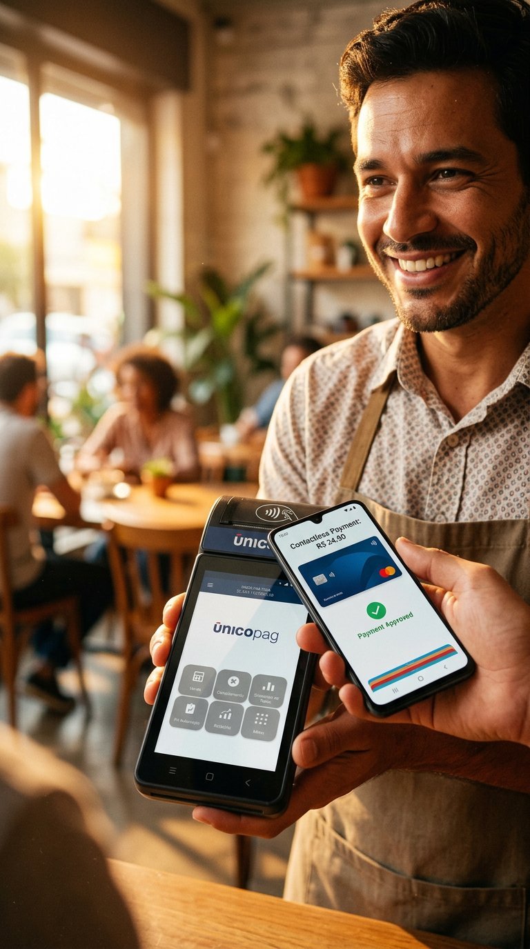 Atendente de café com avental aprovando pagamento contactless da ÚnicoPag